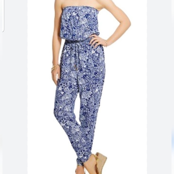 Lilly Pulitzer Target Strapless Jumpsuit Blue Upstream Print Tie Waist Size S - Picture 1 of 14